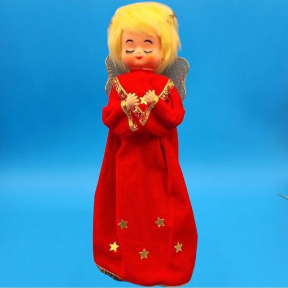Vintage 1960s Japan Angel Tree Topper Red Velvet Gold Trim Stars Christmas Decor - Picture 3 of 9